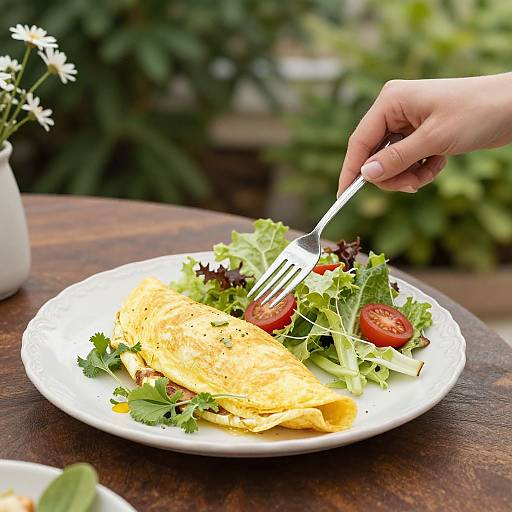 Photograph of a hand using a fork to eat a plate of omelets with fresh greens, cherry tomatoes, and leafy lettuce on a wooden