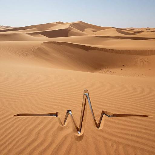 Photograph of a desert with undulating sand dunes under a clear blue sky; a silver, W-shaped metallic object partially embedded in the rippled