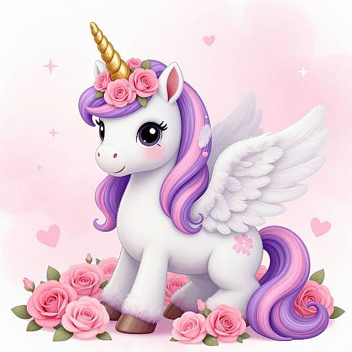Digital illustration of a cute, white, winged unicorn with a pink and purple mane, adorned with roses, surrounded by pink roses and heart shapes.