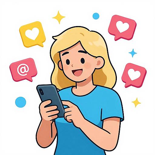 Cartoon-style drawing of a blonde woman with blue shirt, smiling, holding a smartphone, surrounded by colorful social media icons.