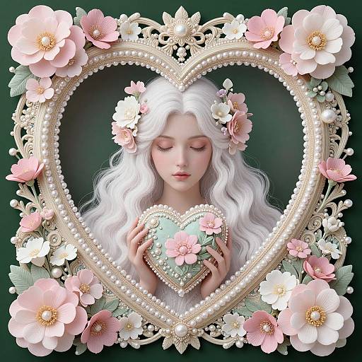 Digital painting of a fair-skinned, white-haired woman with pink flowers in her hair, holding a heart-shaped floral box, surrounded by ornate heart