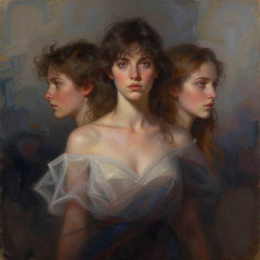 Digital painting of three ethereal, fair-skinned women with curly brown hair, wearing a sheer, off-shoulder white dress, in a dark