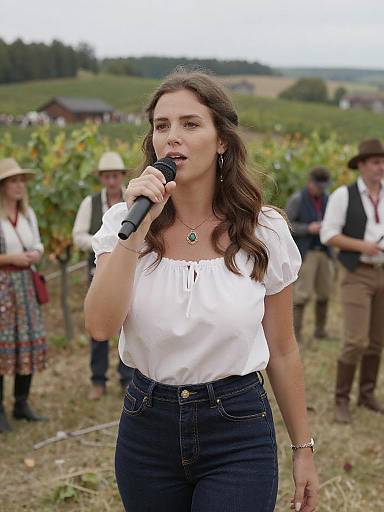 Photograph of a brown-haired woman in a white blouse and dark jeans singing into a microphone in a vineyard, surrounded by people in traditional clothing.