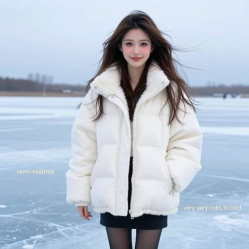 Photograph of a young Asian woman with long brown hair, wearing a white puffy coat, black skirt, and black tights, standing on a
