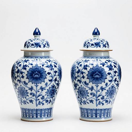 Photograph of two blue and white floral-patterned ceramic jars with domed lids, standing side by side, against a white background.