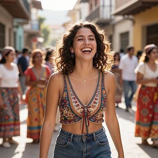 Photograph of a smiling young woman with curly dark hair, wearing a colorful embroidered crop top and high-waisted jeans, standing in a sunlit