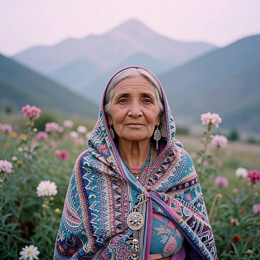 Photograph of an elderly Indian woman with wrinkled skin, wearing a vibrant blue and pink patterned shawl, in a flower-filled mountain field,