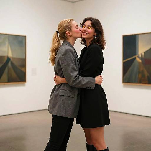Photograph of two women kissing in an art gallery, one in a gray blazer, the other in a black dress, surrounded by abstract paintings.