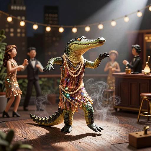 Photograph of a crocodile costume with sequined, multicolored outfit and beaded necklace, dancing on a stage with string lights, flanked