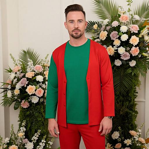 Photograph of a bearded man with short dark hair, wearing a green shirt and red jacket, standing in front of a floral arrangement with pink,