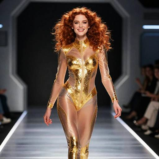 Overhead Runway Model in Golden Catsuit