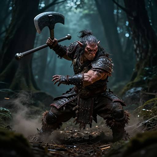 Digital artwork of a fierce, muscular orc warrior with wild hair, wielding a large double-headed axe in a dark, misty forest.