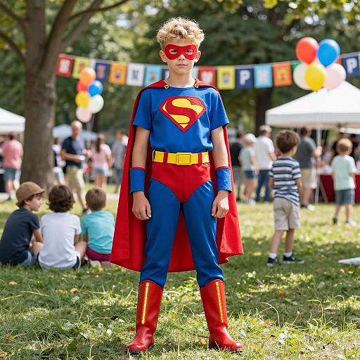 Photograph of a young boy in a Superman costume with red boots, cape, and mask, standing in a sunny park with colorful balloons and a crowd