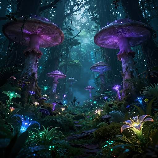 Fantastical forest scene with glowing purple mushrooms, bioluminescent fireflies, and enchanted fairy lights under a moonlit canopy, illuminated by eth