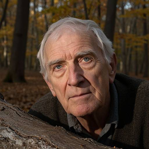 Photograph of an elderly white man with white hair and blue eyes, leaning on a tree trunk in a forest with autumn leaves. He wears a dark