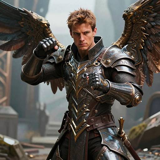 Digital artwork of a muscular, blond-haired man with angel wings in detailed, dark metallic armor, fists clenched, standing in a foggy, medieval