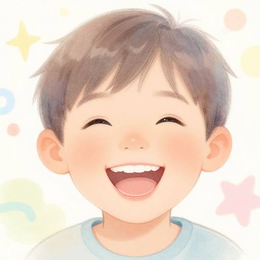 Digital illustration of a happy, smiling young boy with short brown hair, closed eyes, and light blue shirt, against a pastel-colored background.