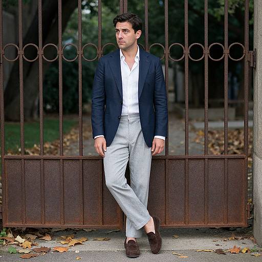Photograph of a handsome, dark-haired man in a navy blazer, white shirt, light gray pants, and brown loafers, leaning against a