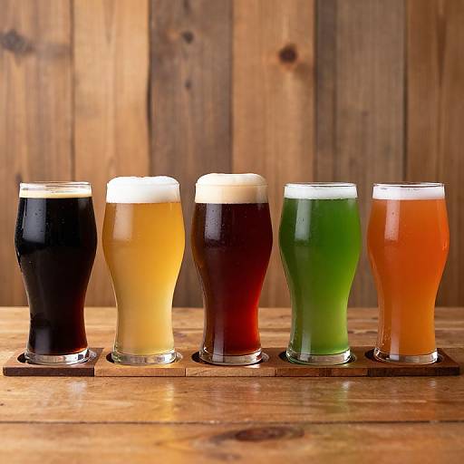 Photograph of six colorful beer glasses, each with a different colored beer, standing on a wooden surface against a wooden background.