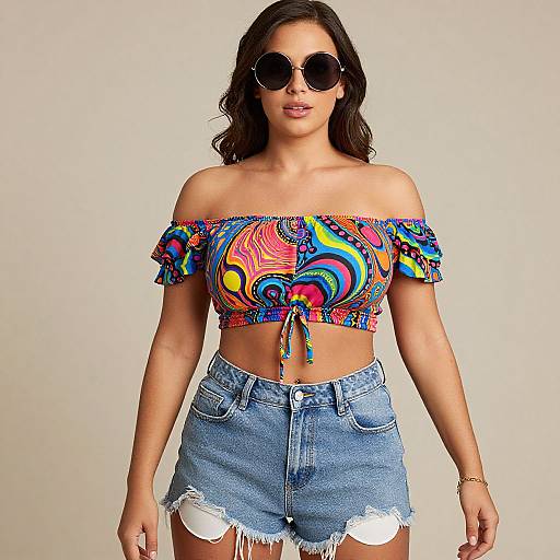 Photograph of a young woman with dark wavy hair, wearing round sunglasses, colorful off-shoulder crop top, and frayed denim shorts,