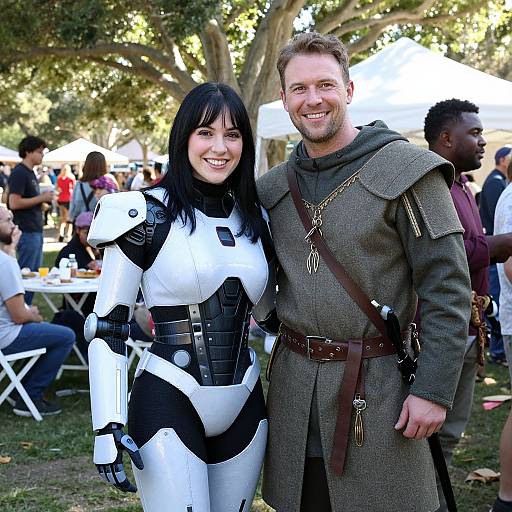 Photograph of a smiling couple at an outdoor event; woman in white and black sci-fi armor, man in brown medieval robe. Background shows trees,