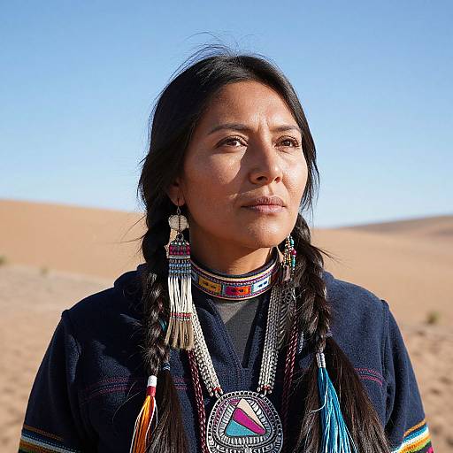 Photograph of a Native American woman with long black braids, wearing traditional jewelry and a dark shirt, standing in a sunny desert.