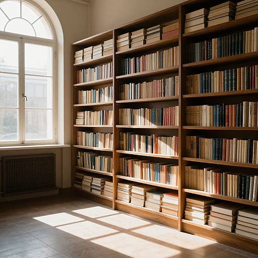 Photograph of a sunlit library room with tall, arched window, wooden bookshelves filled with colorful books, and warm sunlight casting shadows on
