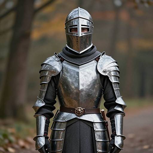 Photograph of a medieval knight in shiny silver armor with a visor, black chainmail, and forest background with autumn leaves.