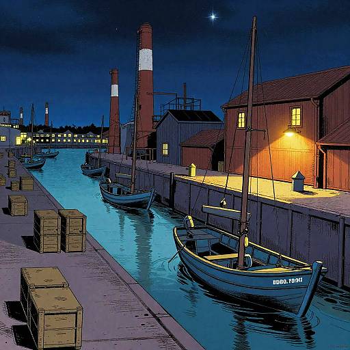 Industrial Waterfront at Night in Comic Book Style