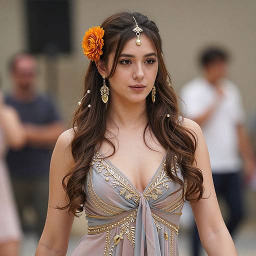 Photograph of a young woman with long, wavy brown hair, adorned with an orange flower and gold jewelry, wearing an elegant, low-cut,