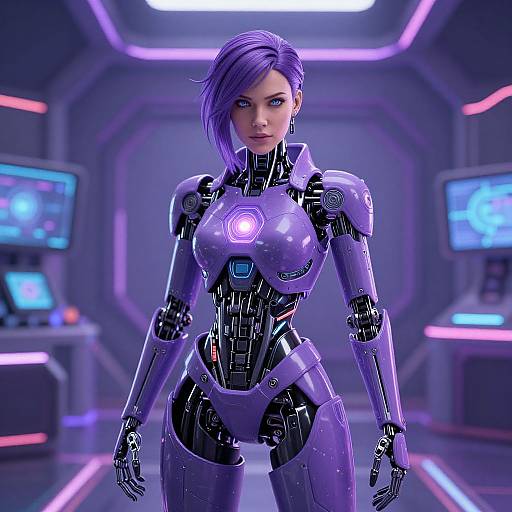 CGI image of a futuristic, purple-haired female android with glowing blue chest panel, standing in a high-tech, neon-lit control room.