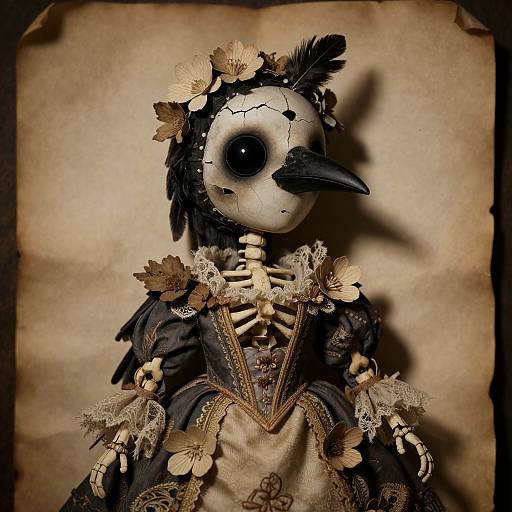 Photograph of a creepy, antique-style, bird masked doll with black feathers, cracked white face, and ornate, lace-trimmed,