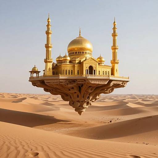 Golden, domed, mosque-like structure with two minarets hovers above desert sand dunes under a clear, blue sky in this digital artwork