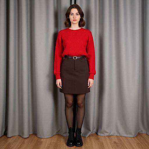 Photograph of a young woman with medium skin tone, dark wavy hair, wearing a red sweater, black skirt, black stockings, and black boots
