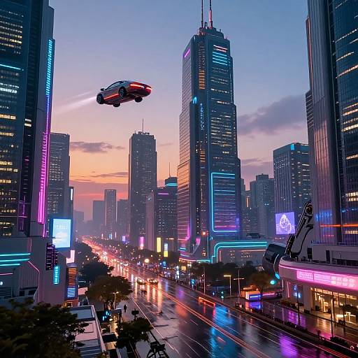 Neon-lit, futuristic cityscape at sunset with flying car, illuminated skyscrapers, vibrant street lights, and bustling road, capturing a cyber