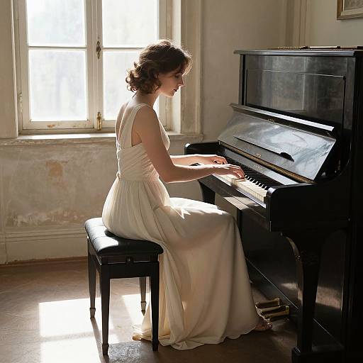 Photograph of a curly-haired woman in a white, sleeveless, flowing dress playing a black upright piano in a sunlit, worn room.