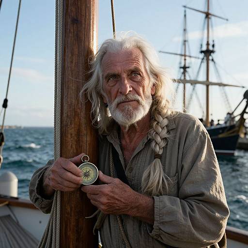Photograph of an elderly white man with long white hair and beard, holding a coin, standing on a sailboat, sea and tall ship in background