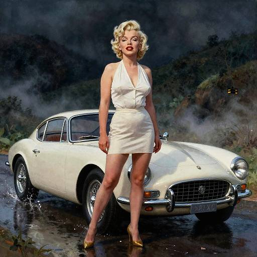 Marilyn Monroe with Vintage Sports Car at Night