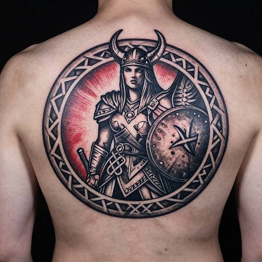Tattooed back of a shirtless person featuring a detailed black and red circular Viking warrior design with horns, shield, and sword.