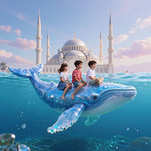 Digital illustration of two children riding a blue, splashing whale in front of an ornate, white-domed mosque with four minarets. Clear