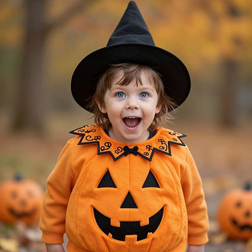 Photograph of a excited, blue-eyed toddler in an orange pumpkin costume with black jack-o'-lantern face, black witch hat, and ornate