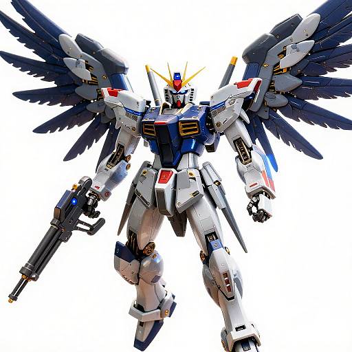 Hyperrealistic Blue-Eyed Gundam with Wings