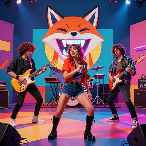 Photograph of a vibrant rock band performing on stage with a large fox head backdrop. Female singer in red top, denim shorts, black boots; two
