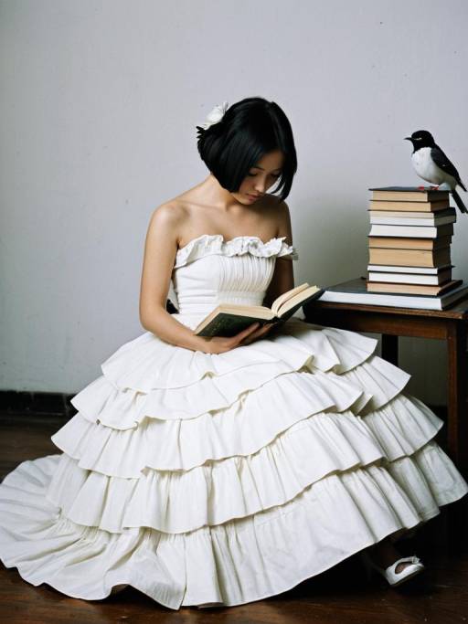 Woman in White Frilled Dress Reading Book