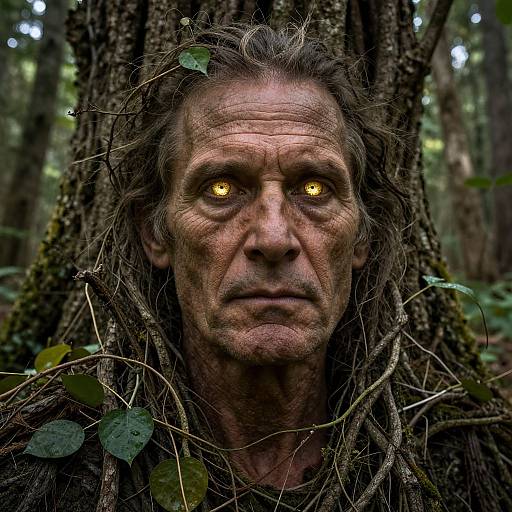 Photograph of a gaunt, weathered man with glowing yellow eyes, long wild hair, and tree branches intertwining with his face, standing in
