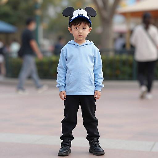 Photograph of a young Asian boy in a light blue hoodie, black pants, and black sneakers with Mickey Mouse ears, standing in a blurred outdoor urban