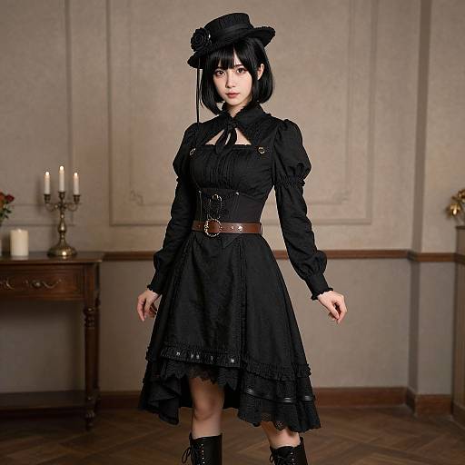 Digital gothic-style portrait of a pale-skinned woman with black bob haircut, wearing a black Victorian dress, hat, and boots, standing in an