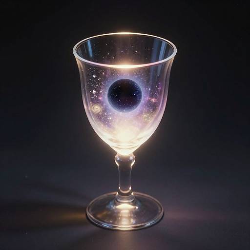 Photograph of a clear glass goblet with a glowing blue orb inside, surrounded by sparkles, against a dark blue background.