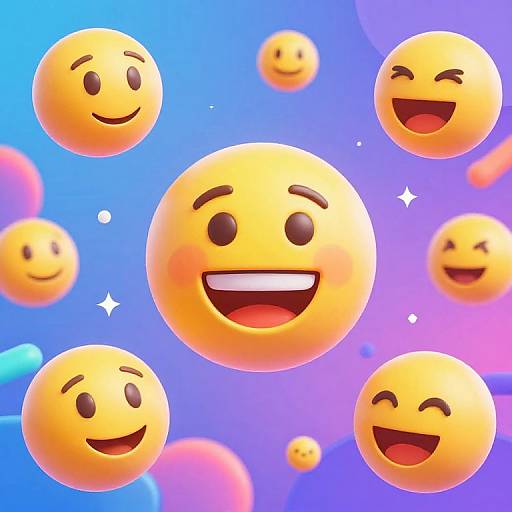 Digital illustration of six yellow, smiling emoji faces with varying expressions floating against a vibrant blue and purple gradient background.