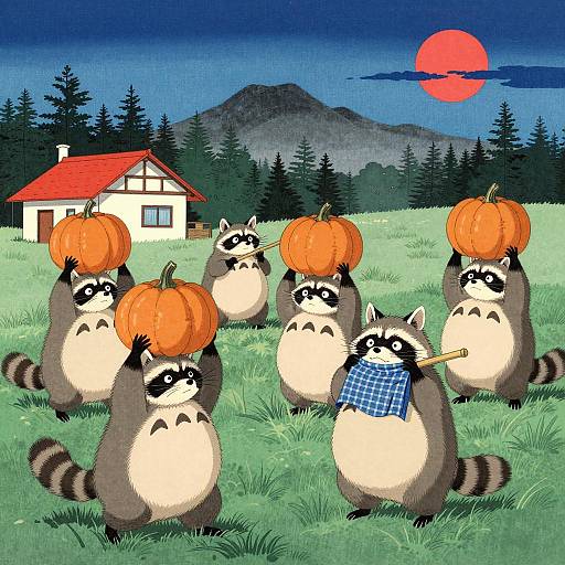 Ukiyo-e Style Tanuki with Pumpkins in Field